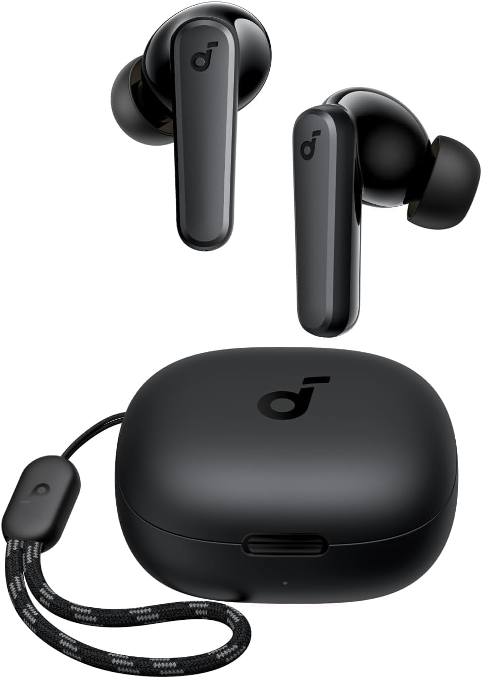 Écouteurs soundcore P20i noirs, avec leur boîtier de recharge et sa dragonne